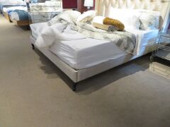Prague King Bed Frame upholstered in Gold fabric, with Slumberland Soho Mattress & 4" Foam Top Mattress & assorted Bedding - 7