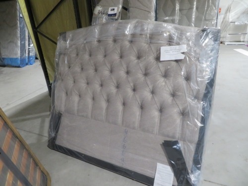 Venus Queen Arched Headboard with Diamond Pleating, upholstered Bed Frame in Bodhi Sandstone with Gas Lift Storage Base