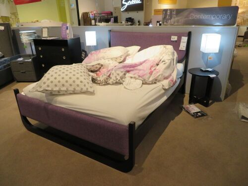 Lotus Queen Bed Frame in Lavender, upholstered panel in Black Frame, with Slumberland Soho Mattress, Bedhead: 1650 x 1120mm H