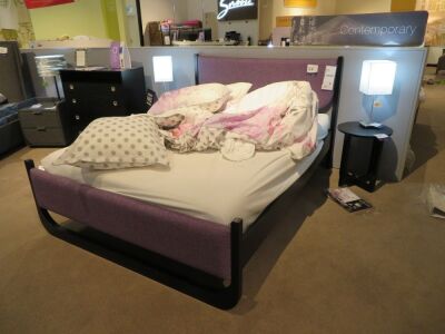 Lotus Queen Bed Frame in Lavender, upholstered panel in Black Frame, with Slumberland Soho Mattress, Bedhead: 1650 x 1120mm H