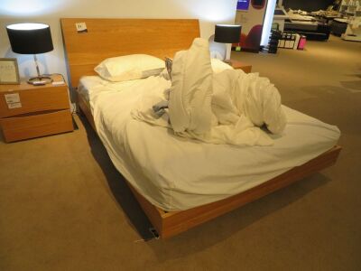 Calibre Queen Timber Bed Frame in Honey, with Slumberland Soho Mattress & assorted Bedding