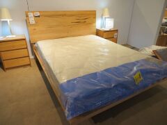 Iris Deluxe Queen Timber Bed Frame with Floating base, Natural Finish, with Slumberland Soho Mattress & assorted Bedding