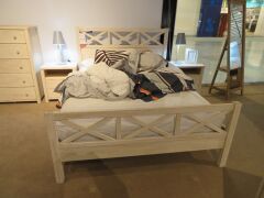 Ocean Grove G&G Furniture Queen Cross Hatch Bed Frame in Whitewash, with Slumberland Soho Mattress & assorted Bedding, Bedhead: 1620 x 1200mm H