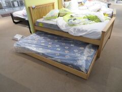 Tinbury King Single Bed Frame with Roll Out Pop Up Trundle, colour: Natural, with Slumberland Soho Mattress & assorted Bedding - 2