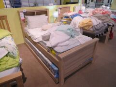 Single Featured Bed Frame in Light Oak with Roll Out Trundle, with 2 Slumberland Soho Mattresses & assorted Bedding