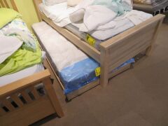 Single Featured Bed Frame in Light Oak with Roll Out Trundle, with 2 Slumberland Soho Mattresses & assorted Bedding - 2