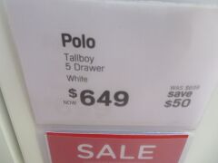 Polo Tallboy, 5 Drawer, colour: White, 950 x 420 x 1100mm H - 3