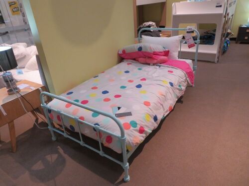 Vibe Single Metal Bed Frame, colour: Aqua, with Slumberland Soho Mattress & assorted Bedding
