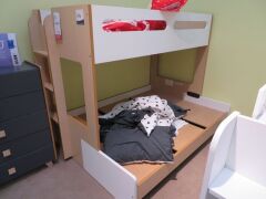 Charlie Single Bunk Bed on Double, colour: White & Natural, with 6" Single Foam Mattress & assorted Bedding - 5