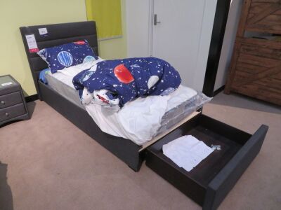 Paddington Single Bed with Roll Out Drawer, colour: Slate, with Slumberland Soho Mattress & assorted Bedding