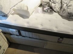 Memphis Queen Bed Frame, 4 Drawer Base, upholstered in Oatmeal, wit Sealy Centrepiece Mattress & assorted Bedding - 9