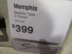2 x Memphis Bedside Tables, 3 Drawer, colour: Oatmeal, 530 x 460 x 540mm H - 3
