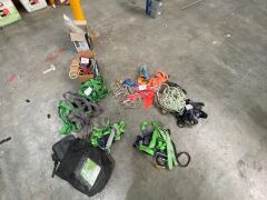 3 x Assorted Harnesses, 3 x associated Lifting Slings, various Rope, 2 x Ratchet Tie Downs