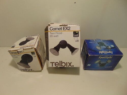 3 x Exterior Floodlights - 1xTelbix CometEX1 (single), 1xTelbix CometEX2 (double), Unbranded Spotlight