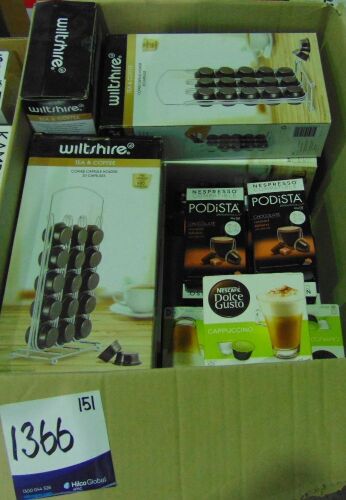 Bulk Carton Coffee Related Items - 7 x WILTSHIRE 'Lavazza' - Stainless Steel 30 Coffee Pod Holder, 3 x Boxes NESCAFE Dolce Gusto Arabica Cappuccino 8 Capsules, 9 x PODISTA Hot Chocolate with Caramel Infusion (Nespresso Compatible) 10PK
