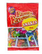 500 x 1kg bags of Family Favourites snakes comprising 50 Boxes of 10x 1kg bags per box, total 500 bags.