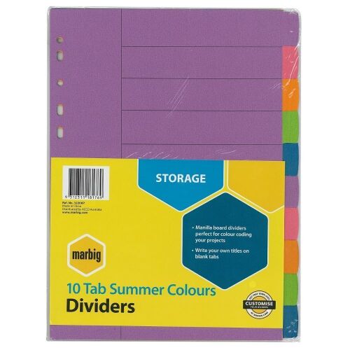MARBIG INDICES & DIVIDERS 10 TAB MANILLA A4 COLOURS