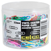 CELCO COLOURED PAPER CLIPS 33MM TUB 500
