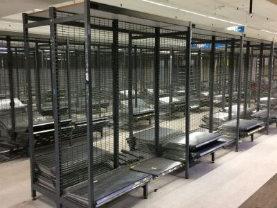 Steel Adjustable Supermarket Shelving, 13 bays (back to back) 900mm W x 1100mm D x 2250mm H, wire mesh shelves throughout