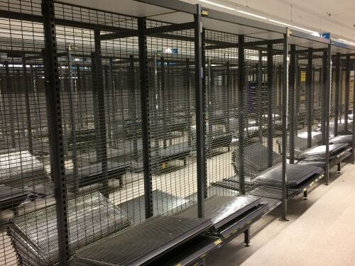 Steel Adjustable Supermarket Shelving, 23 bays (back to back) 900mm W x 1100mm D x 2250mm H, wire mesh shelves throughout