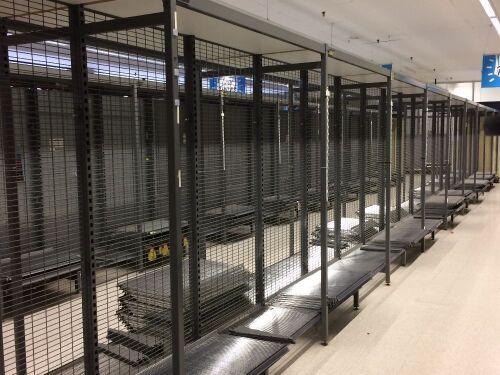 Steel Adjustable Supermarket Shelving, 21 bays (back to back) 900mm W x 1100mm D x 2250mm H, wire mesh shelves throughout