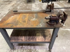 Steel Heavy Fabrication Table on wheels with vice and plate bender.