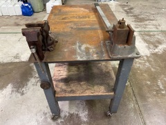 Steel Heavy Fabrication Table on wheels with vice and plate bender. - 2