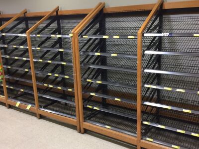 Bread Display Racks comprising quantity of 9 bays, each bay 1000mm x 600mm D x 1800mm H, timber framed, black plastic wire shelves throughout (742-011)