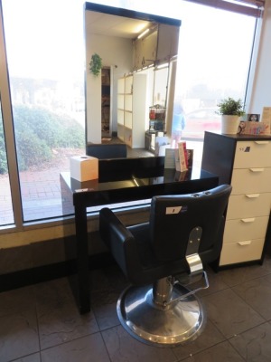 Adjustable height Hairdressing Chair upholstered in Black Vinyl with Gloss Black Console Table & Mirror