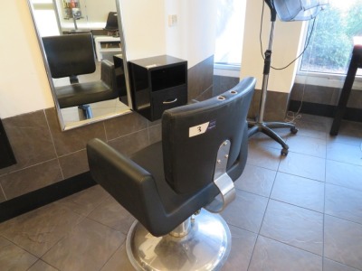 Adjustable height Hairdressing Chair upholstered in Black Vinyl and small wall mounted Equipment Console