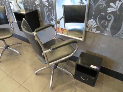 Swivel Hairdressing Chair, Chrome frame upholstered in Black Vinyl with small wall mounted Equipment Console