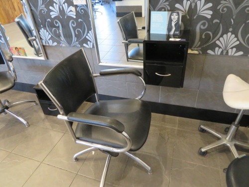 Swivel Hairdressing Chair, Chrome frame upholstered in Black Vinyl with small wall mounted Equipment Console