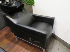 Hair Wash Station comprising Black Bowl, Tap & Shower Head with Black Vinyl upholstered Chair with adjustable leg rest - 4