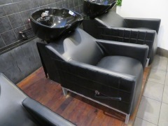 Hair Wash Station comprising Black Bowl, Tap & Shower Head with Black Vinyl upholstered Chair with adjustable leg rest