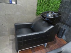 Hair Wash Station comprising Black Bowl, Tap & Shower Head with Black Vinyl upholstered Chair with adjustable leg rest
