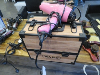 Wahl Components Box with assortment of Clippers, Comb attachments and Pink Wahl Hair Dryer