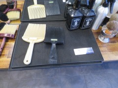 Assorted Hairdresser Components comprising; 3 x Work Station Mats, Brushes, Spray Bottles, Flat Top Combs, Sterilizer Jar & 2 x Mirrors - 3