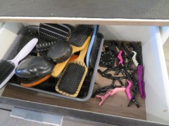 4 Drawer Cabinet and contents of Brushes, Clips and Timers, Round Brushes, Combs and Dryer attachment - 2