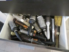 4 Drawer Cabinet and contents of Brushes, Clips and Timers, Round Brushes, Combs and Dryer attachment - 3
