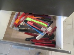 4 Drawer Cabinet and contents of Brushes, Clips and Timers, Round Brushes, Combs and Dryer attachment - 4