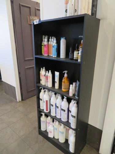 4 Tier Black Timber Display Unit and assorted Shampoo and Hair Treatment components