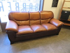 3 Seater Brown Leather Couch, Dark Timber Frame, 2200 x 900 x 1000mm H