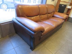 3 Seater Brown Leather Couch, Dark Timber Frame, 2200 x 900 x 1000mm H - 2