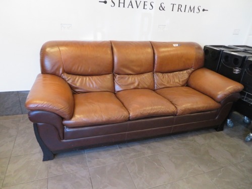 3 Seater Brown Leather Couch, Dark Timber Frame, 2200 x 900 x 1000mm H