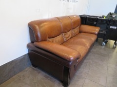 3 Seater Brown Leather Couch, Dark Timber Frame, 2200 x 900 x 1000mm H - 2