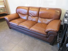 3 Seater Brown Leather Couch, Dark Timber Frame, 2200 x 900 x 1000mm H - 3