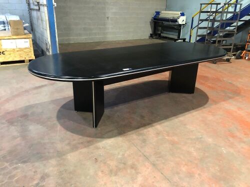 Black Boardroom Table Base & Top, Silver Strip to Top Leading Edge