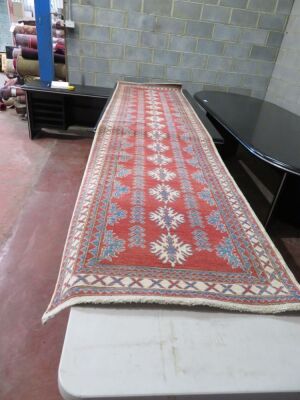 Persian Rug, KZ5LUPCO Hallway Runner, Red, Blue & Cream Wool Pile Kazar Afghanistan, 3860mm L x 890mm W