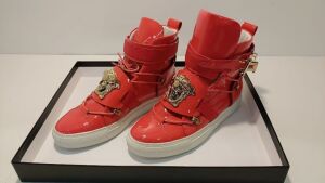Versace Red Medusa Head Calfskin Leather High Top Gold Detail Sneakers - Size: 35 - 3