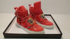 Versace Red Medusa Head Calfskin Leather High Top Gold Detail Sneakers - Size: 35 - 4
